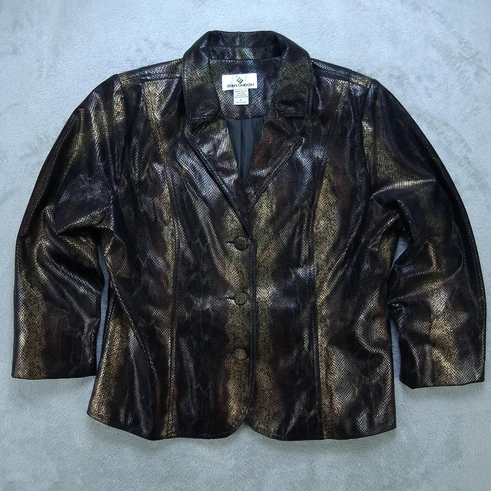 Erin London Metallic Snake Print Blazer Jacket XL Black Bronze Shimmer Textured